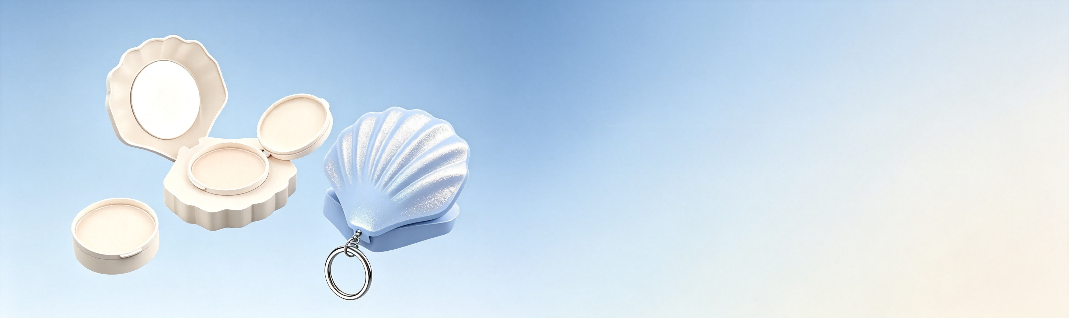 Refillable seashell powder compact collection, cream shell makeup case with mirror, light blue glitter shell keychain mirror, soft blue cream gradient background, beauty packaging banner.